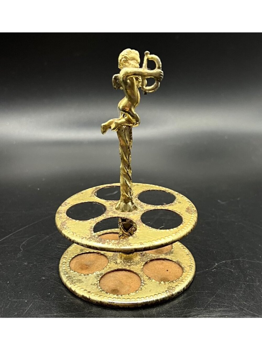 Vintage Brass Cherub Lipstick Holder Circular Design Twisted Stem Holds 5 tubes